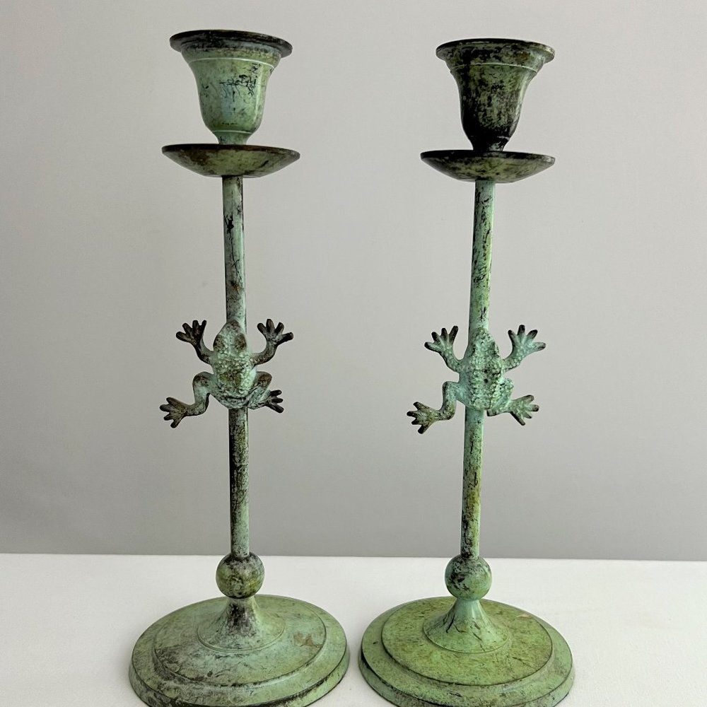 2 Vintage Green Verdigris Painted Brass Frog Candle Holders